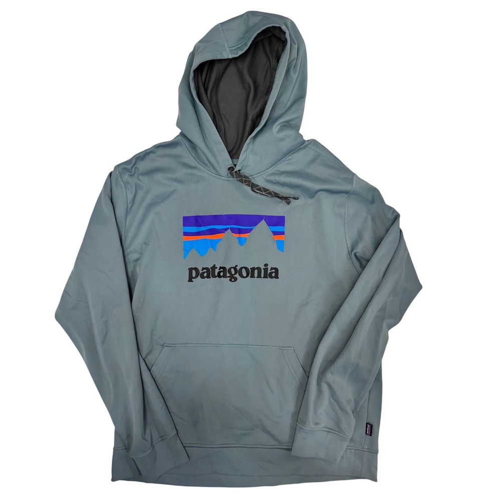 Patagonia Mens Shop Sticker PolyCycle Hoody Blue Grey Fleece Large